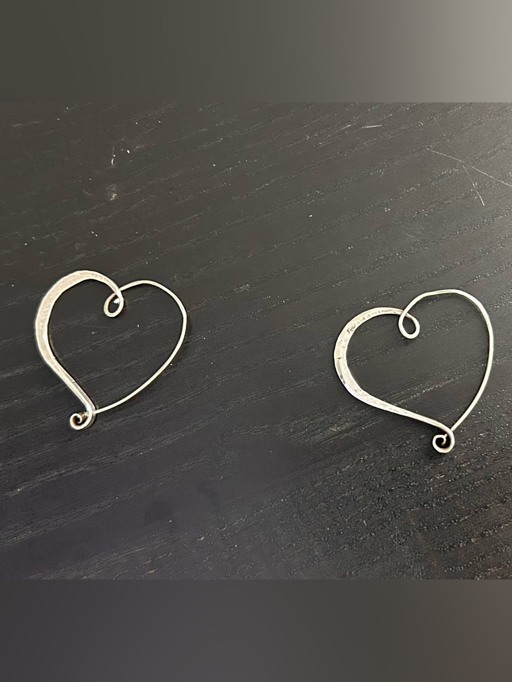 Handcrafted & Hammered Sterling Silver Heart Swirl Shaped Wire Hoop Earrings - Picture 5 of 15